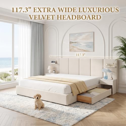 King Size Bed Frame with Storage & Built-in Nightstands & Drawers, Beige