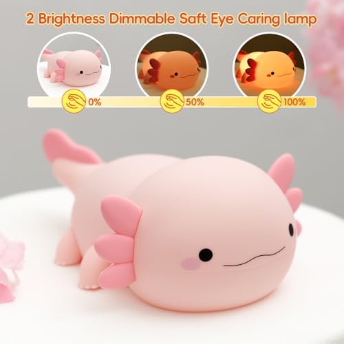Cute Axolotl Night Light, Squishy Silicone Axolotl LED Night Lamp, Novelty Nursery Nightlight for Kids, Rechargeable Animal Touch Lamp Bedside Lamp 2 Levels Dimmable Room Decor Gifts for Girl Boy Baby