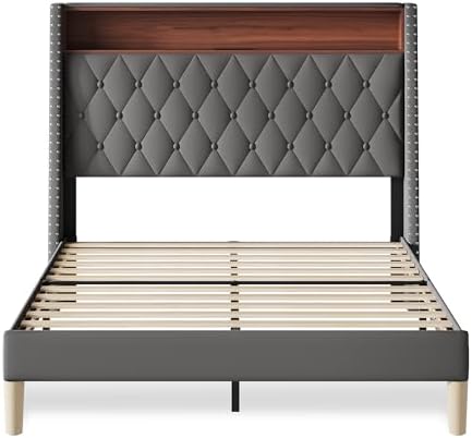 WLIVE Full Size Upholstered Bed Frame with 48'' Tall Wingback Headboard, Velvet Square Tufted Platform Beds with Charging Station, Sturdy Metal & Wooden Slats Support, Grey
