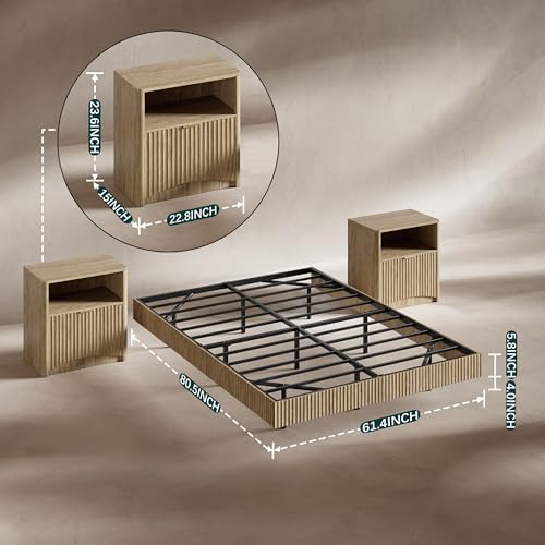 Evermagin Queen Bedroom Set, Fluted Floating Bed Frame & Nightstands, Oak