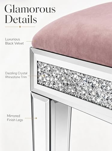 Vanity Stool with Storage Mirrored Legs, Velvet Cushioned Ottoman, Hidden Compartment, Sparkling Diamond Trim, Glam Makeup Chair & Piano Bench (Dusty Pink)