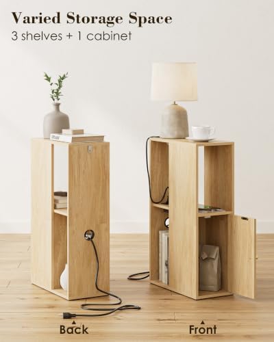 Narrow Nightstand, 7.9" Wood Nightstands with Fluted Door, Oak