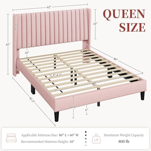 Yaheetech Queen Bed Frame with Headboard,Pink Channel-Tufted Platform