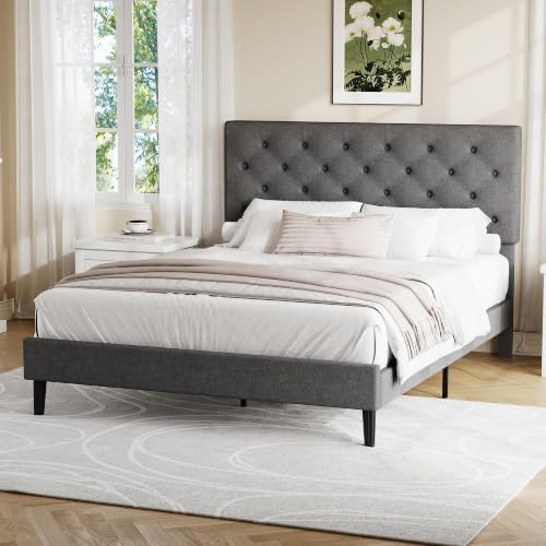Lullabyre Full Bed Frame with Headboard, Upholstered Platform Bed, Grey