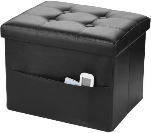 Bsketa Storage Ottoman Bench,16 Inch Folding Leather Foot Rest Stool, Black
