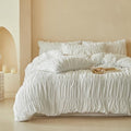 AOJIM White Ruched Full Duvet Cover 3Pcs French Chic Bedding for Bedroom