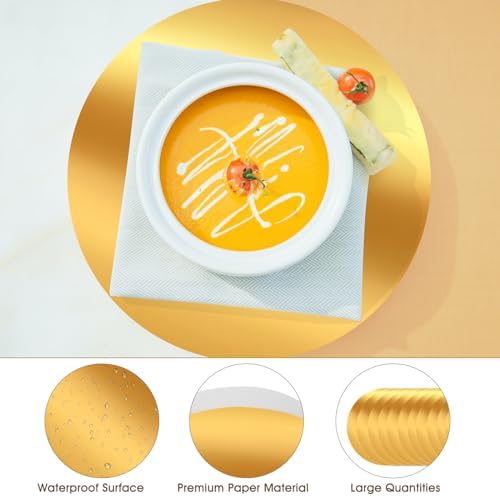 KesaPlan 50PCS 13in Round Gold Placemats, Disposable Paper Chargers Plate