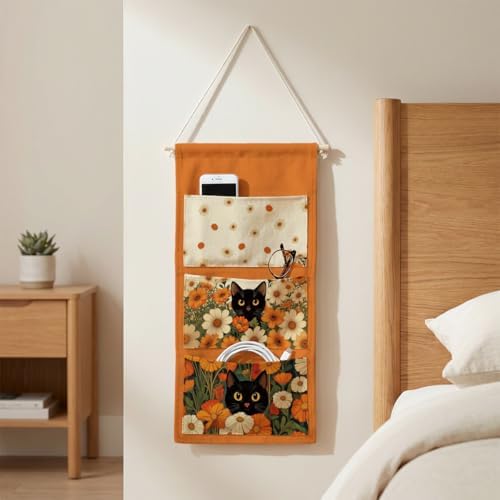 IAXIC Canvas Wall Hanging Organizer with Pockets Fish Extender Hanging Pouch Daisy Cat Door Closet Organizers Fabric Storage Pockets Wall Decoration