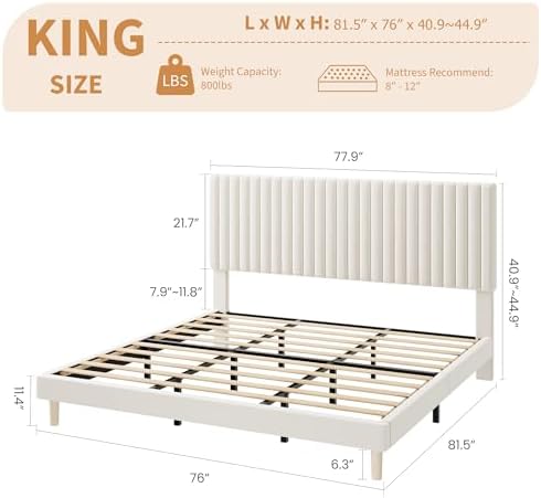 King Bed Frame with Adjustable Headboard, Velvet Upholstered Platform Bed