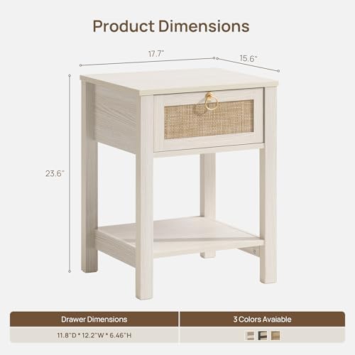SICOTAS White Rattan Nightstand Set of 2 with Storage Shelf, Bedside Tables