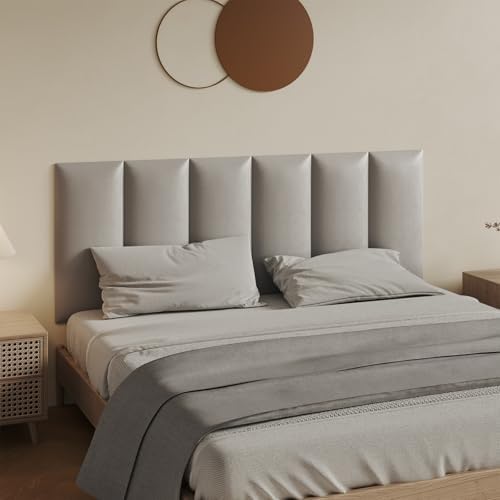 Wall-Mounted Upholstered Headboard Panels, Light Gray, 24x12 Inches, Pack of 12 – DIY Faux Leather Soundproof Padding for King, Queen, or Full Beds, Modern Accent Wall Panels