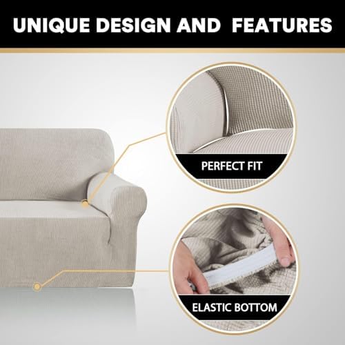 PrinceDeco Stretch Sofa Cover Slipcover 1-Piece, Spandex Jacquard Fabric Universal Couch Cover for 3 Cushion, Washable Non Slip Sofa Cover, Pet Friendly (Large Sofa 90"-100",Island Fossi)
