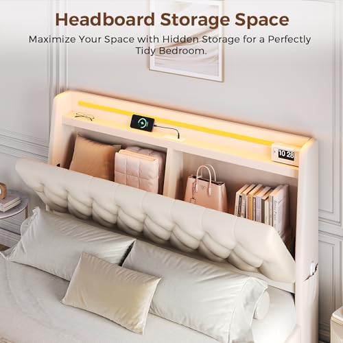 Full LED Velvet Bed Frame with 2 Storage Drawers&Hidden Headboard, Upholstered Platform Bed with Charging Station&Button Tufted Design, Wooden Slats Support, Box Spring Optional, Easy Assembly, Beige