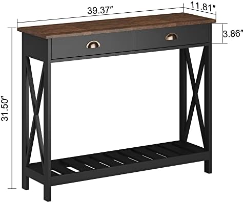ChooChoo Farmhouse Console Table with Drawer for Entryway, Narrow Long Entry Table with Shelf for Living Room, Rustic Vintage Hallway Sofa Table with Stable X Supports, 40 Black