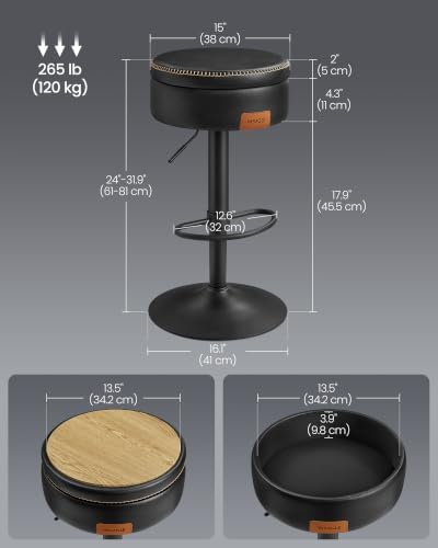 VASAGLE 360° Swivel Bar Stools Set of 2, Height Adjustable, with Storage