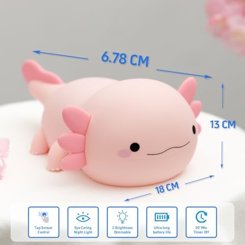 Cute Axolotl Night Light, Squishy Silicone Axolotl LED Night Lamp, Novelty Nursery Nightlight for Kids, Rechargeable Animal Touch Lamp Bedside Lamp 2 Levels Dimmable Room Decor Gifts for Girl Boy Baby