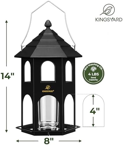 Kingsyard Metal Bird Feeder for Outdoor Hanging, Wild Bird Feeders with Circular Perch, Easy to Clean & Refill, 4 lbs Large Seed Capacity, Black