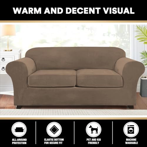 PrinceDeco Couch Cover Velvet Plush Sofa Covers for 2 Cushion Couch Width Up to 90 Inch Washable Furniture Protector Pet Friendly No Slip Sofa Slipcover(Medium-Large, Mocha)