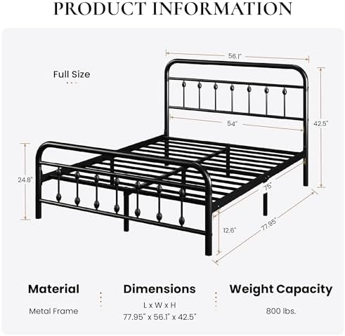 SHA CERLIN Full Metal Bed Frame with Victorian Iron-Art Headboard, Black