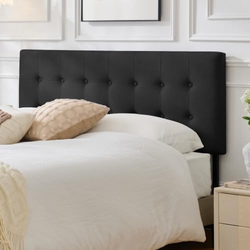 Linen Tufted Headboard King Size, Solid Wood King Headboard Only, Black
