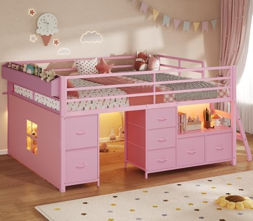 ADORNEVE Kids Low Loft Bed Full with 7 Drawers, Bookcase, Safety Guardrail