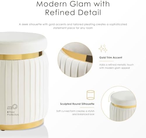 Furniture of America Magnus Modern 15-inch Upholstered Round Ottoman with Gold Trim and Stainless Steel Base, Vanity Stool Chair, Small Foot Stool for Bedroom, Living Room, Entryway, White
