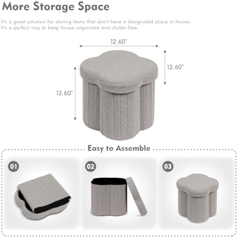 B FSOBEIIALEO Storage Ottoman Cube, 12.6" Flower Shaped Ottomans, Grey