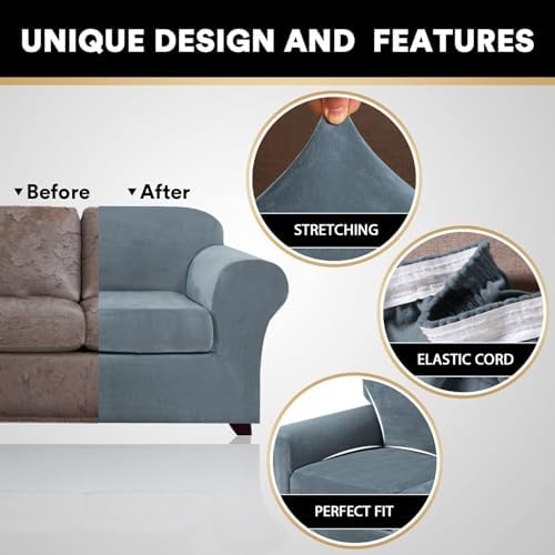 PrinceDeco Velvet Couch Covers for Sofa Soft 4 Pieces Covers for 3 Cushion Couch Sofa Pet Friendly Furniture Protector with Non Slip Elastic Bottom Width Up to 97 Inch (Large Sofas, Stone Blue)