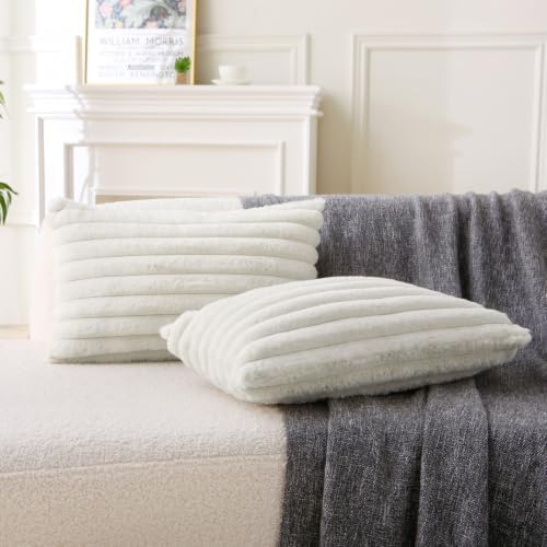 Decorative Throw Pillow with Inserts, Set of 2 Soft Faux Fur Throw Pillows, Boho Striped Pillow for Couch, Bed, Sofa Decor (Beige, 12" x 20"(Pack of 2))