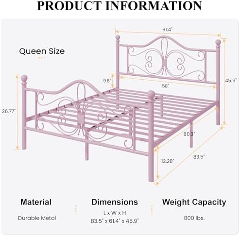 SHA CERLIN Queen Size Metal Bed Frame with Butterfly Headboard, Pink