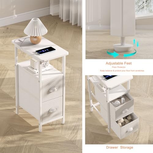 sthmec Narrow End Table with Charging Station, Narrow Side Table with 2 Fabric Drawers, Slim Nightstand, Skinny Bedside Table, Small Side Table for Small Spaces, Living Room, Bedroom, White
