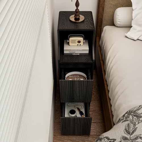 Black Fluted Small Nightstand Set of 2, Mid Century Modern Bedside Table with 2 Drawers, Wooden Skinny Vintage Side Table, Narrow Night Stand, Slim End Table, for Bedroom, Living Room