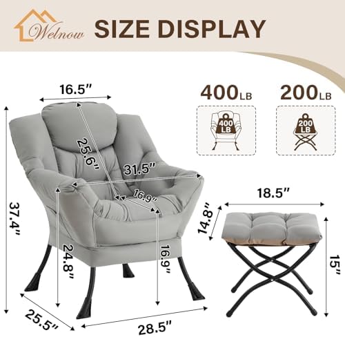 Welnow Lazy Chair with Ottoman, Reading Chair with Footrest,Soft Gray