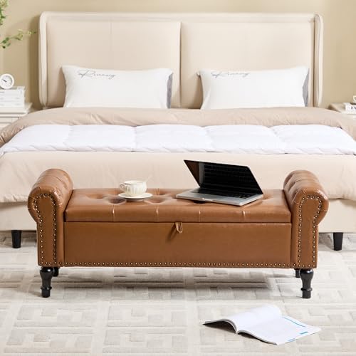Storage Bench for Bedroom, 51" Upholstered End of Bed Bench, Faux Leather Queen Size Benches with Rolled Arms, Tufted Button Storage Long Ottoman, Living Room, Entryway, Brown