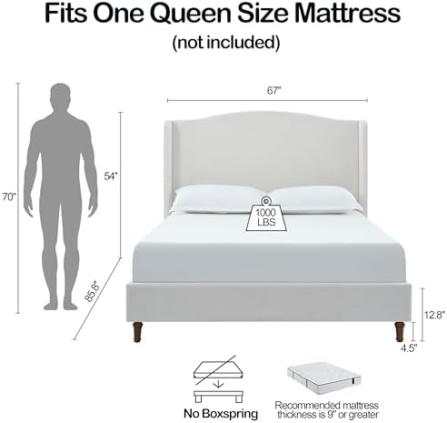 Queen 54" Tall Headboard Wingback Upholstered Platform Bed Frame Premium Textured Look for Bedroom Strong Wood Slats Support No Box Spring Needed Easy Assembly No Noise Ivory Canvas