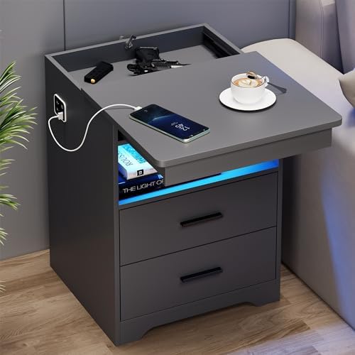 Nightstand with Gun Drawer, Charging Bedside Table with USB & Type-C Port, LED Night Stand with Human Sensor Light, Modern End Table with Drawers for Bedroom Office, Grey