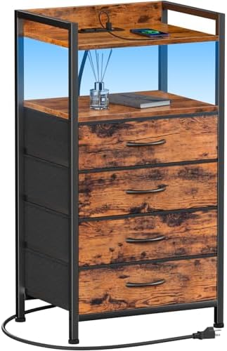 Furnulem Night Stand with Charging Station, 4 Drawer Tall Bedside Table