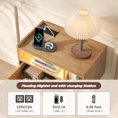 Maupvit Wood Floating Nightstand Set of 2, Wall Mounted Night Stand with Drawer and Charging Station, Bedside Table with Open Shelf, Led Nightstand for Bedroom, Easy Assembly