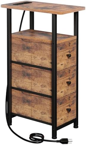 LOAKEKEL Narrow End Table with Charging Station, Small Nightstand