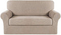 Turquoize Stretch Sofa Slipcover 2 Pieces Sofa Cover Couch Cover for 2 Cushion Couch Washable Furniture Protector Covers with Elastic Bottom Feature Thick Jacquard Fabric (Loveseat, Sand)