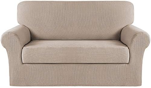 Turquoize Stretch Sofa Slipcover 2 Pieces Sofa Cover Couch Cover for 2 Cushion Couch Washable Furniture Protector Covers with Elastic Bottom Feature Thick Jacquard Fabric (Loveseat, Sand)