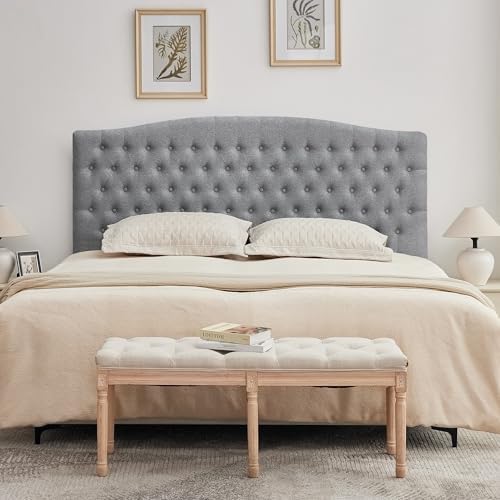 Tufted Tall King Size Headboard, Linen Button Diamond Headboards, Gray