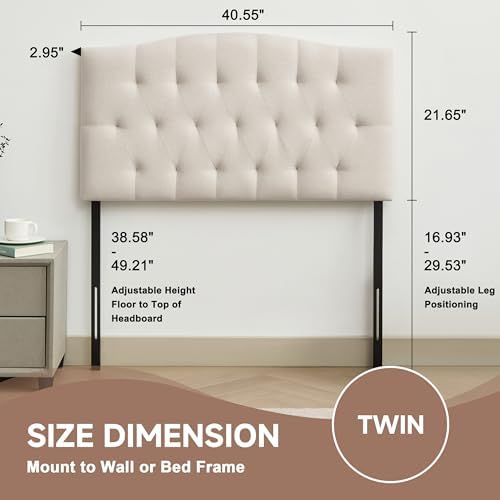 Tufted Upholstered Twin Headboard Only, Adjustable Heige 38-50 in, Beige