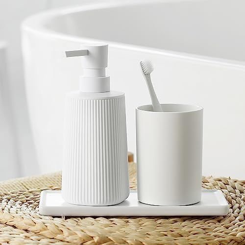 Small Soap Dispenser for Bathroom and Kitchen, Modern Farmhouse Striped Style Plastic Hand Soap Dish Soap Dispenser with Pump Matte White