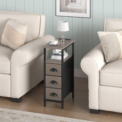 shtmec Narrow End Table Set of 2 with Charging Station, Side Tables Set 2 with Fabric Drawers, Small Bedside Tables Nightstands for Small Space, Slim Sofa Couch Table for Livingroom, Grey