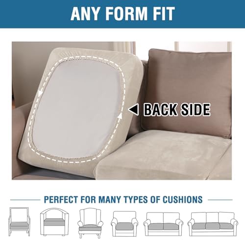 H.VERSAILTEX Velvet Stretch Couch Cushion Cover Plush Cushion Slipcover for Chair Loveseat Sofa Cushion Furniture Protector Seat Cushion Sofa Cover (2 Piece Medium Sofa Cushion Covers, Ivory)