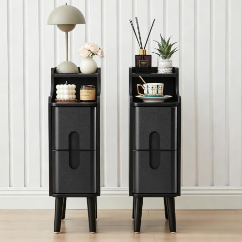 Narrow Nightstand Set of 2, Wood 2 Drawer Small Nightstand, Slim Side Table, Modern Skinny End Bedside Table, Natural Wood Night Stand with Drawers for Bedroom (Black-2 pc)