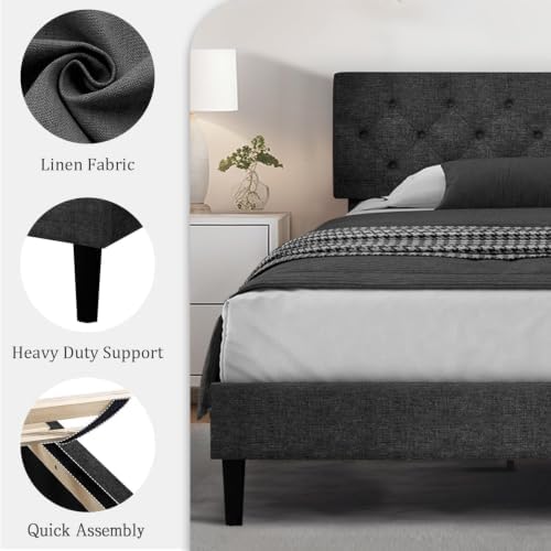 HOMBCK King Size Bed Frame, Upholstered Bed with Headboard, Dark Grey