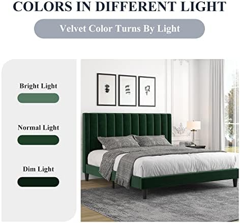 Allewie Full Bed Frame/Velvet Upholstered Bed Frame with Vertical Channel Tufted Headboard/Strong Wooden Slats/Platform Bed Frame/Mattress Foundation/Box Spring Optional/Easy Assembly/Green