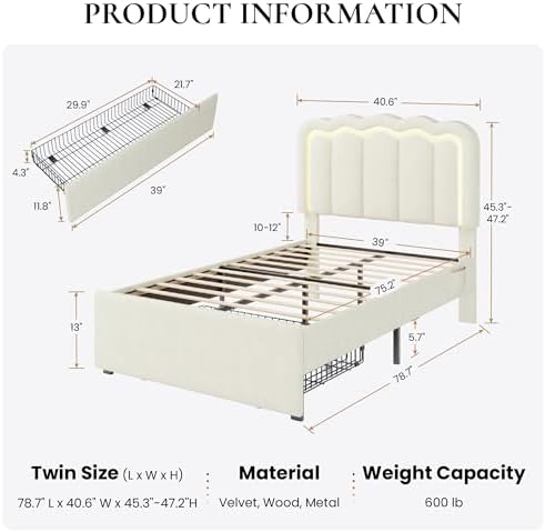 SHA CERLIN Twin Size Bed Frame with LED Lights and Storage Drawer, Cream